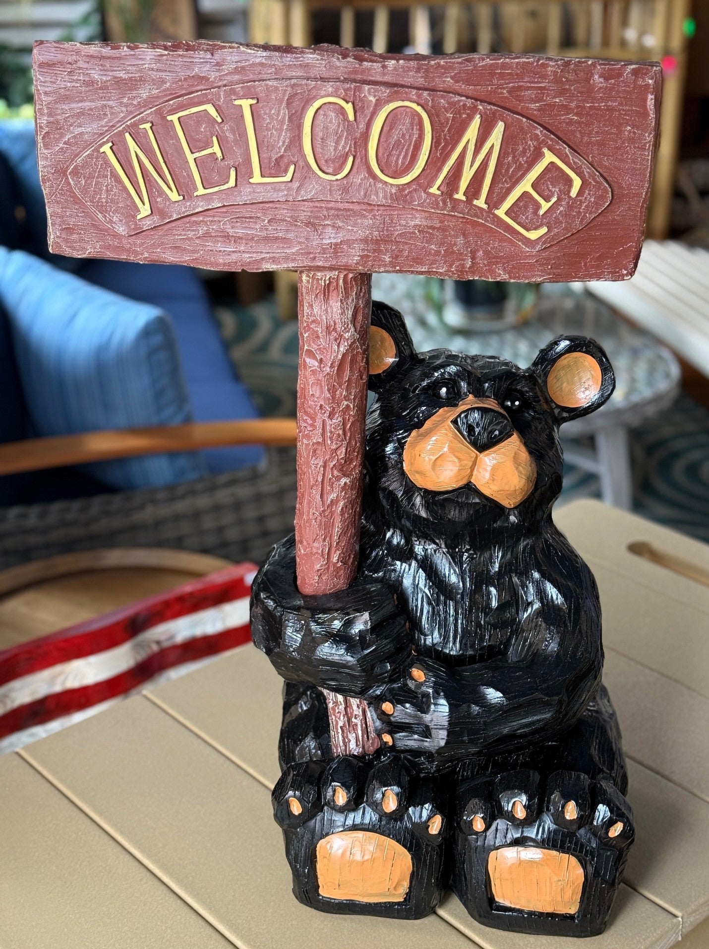 RAM Game Room Hand Painted Indoor/Outdoor Bear “Welcome” Statue and Sign